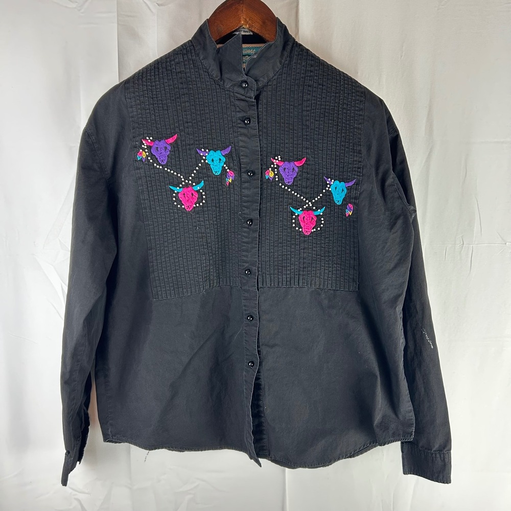 VTG Southwest Canyon‎ Black Western Bull Skull Embroidered Button Up Shirt M
